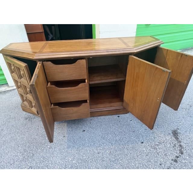 Vintage Drexel Spanish Revival Walnut Credenza With Geometric Panel Doors, 66" For Sale - Image 11 of 12