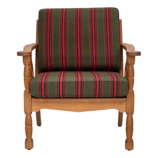 Danish Armchair in Green Wool and Oak, 1970s For Sale