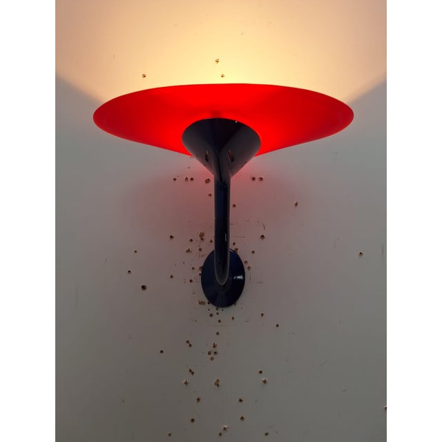 Postmodern Postmodern Wall Lamps in Red and Yellow Satin Glass with Black Lacquered Metal Structure, Italy, 1980, Set of 2 For Sale - Image 3 of 17