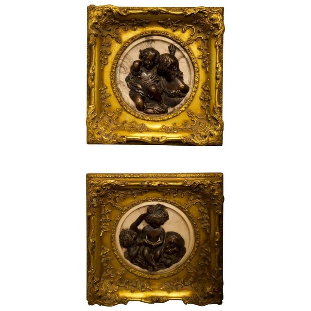 Early 20th Century French Marble, Bronze and Gilt Wood Cameo Wall Decorations, Set of 2 For Sale - Image 11 of 11