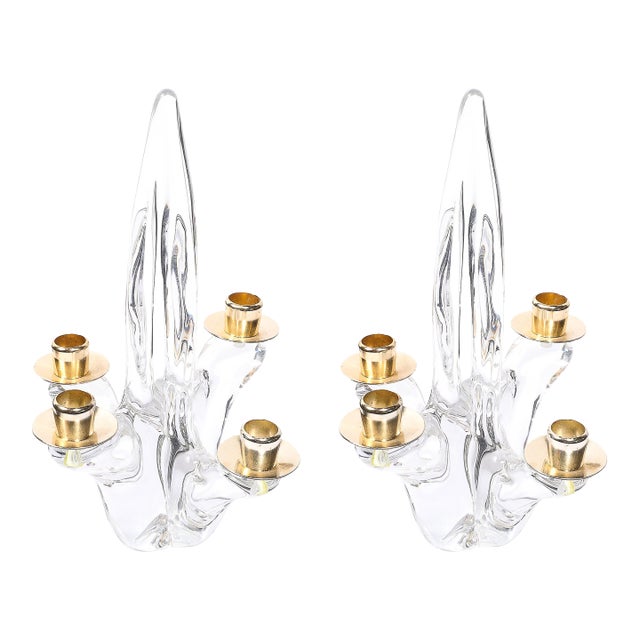 Pair of Mid-Century Crystal & Brass Amorphic 4 Arm Candelabra Signed Schneider For Sale