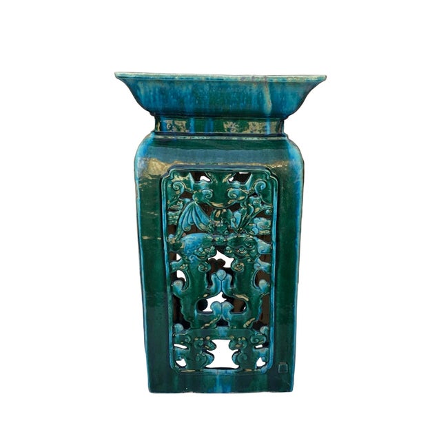 Ceramic Clay Green Square Tall Pedestal Table Bats Dragons Stand For Sale In San Francisco - Image 6 of 11