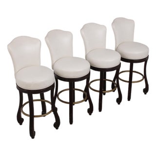Set of 4 White Leather Revolving Seat Bar Stools For Sale