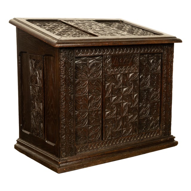 Antique French Medieval Gothic Carved Oak Chest Coffer 17th Century Panels 1679 For Sale