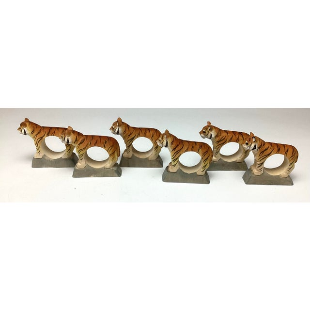 Vintage Hand-Carved Painted Tiger Figural Napkin Rings Set of 6 For Sale - Image 4 of 5