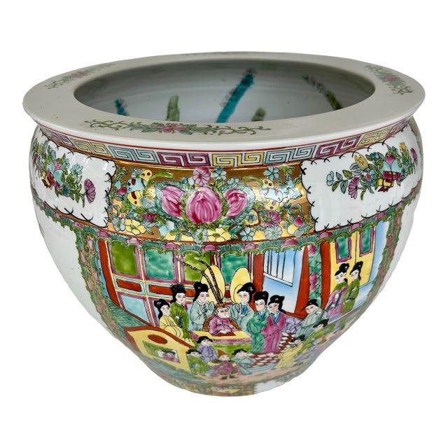 Vintage Famille Rose Medallion Koi Fish Jardiniere For Sale