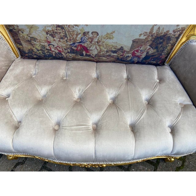 Vintage French Louis XVI Style Settee, Hand-Carved Gold Frame, Tufted Beige Velvet, Tapestry Backrest For Sale - Image 4 of 12