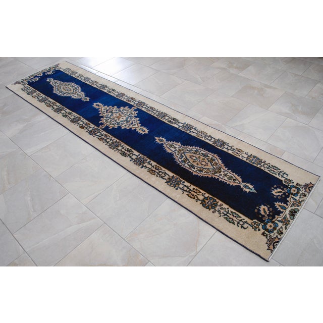Hand-Knotted Runner Rug Navy Blue Rustik Hallway Decor Oushak Rug 3x11 Ft Approx For Sale - Image 6 of 13