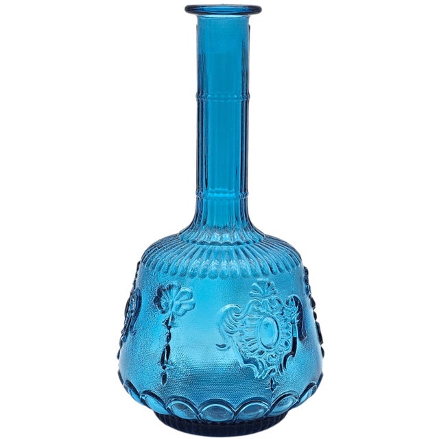 1960s Empoli Italian Blue Glass Genie Bottle Decanter For Sale - Image 9 of 16