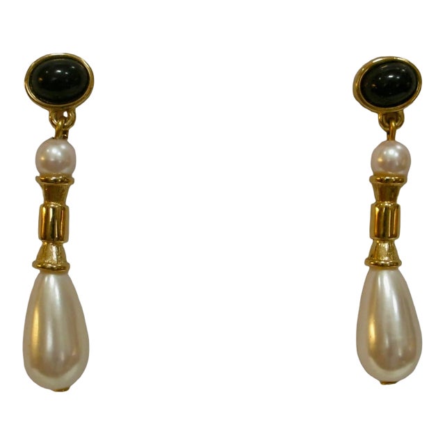 1980s Richelieu Black Onyx Gold Plated Glass Peal Drop Earrings, 2 Pieces For Sale