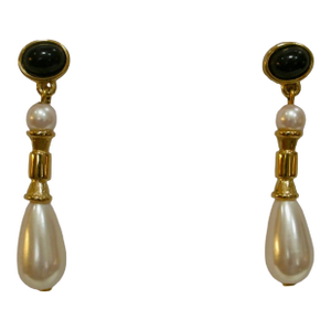 1980s Richelieu Black Onyx Gold Plated Glass Peal Drop Earrings, 2 Pieces