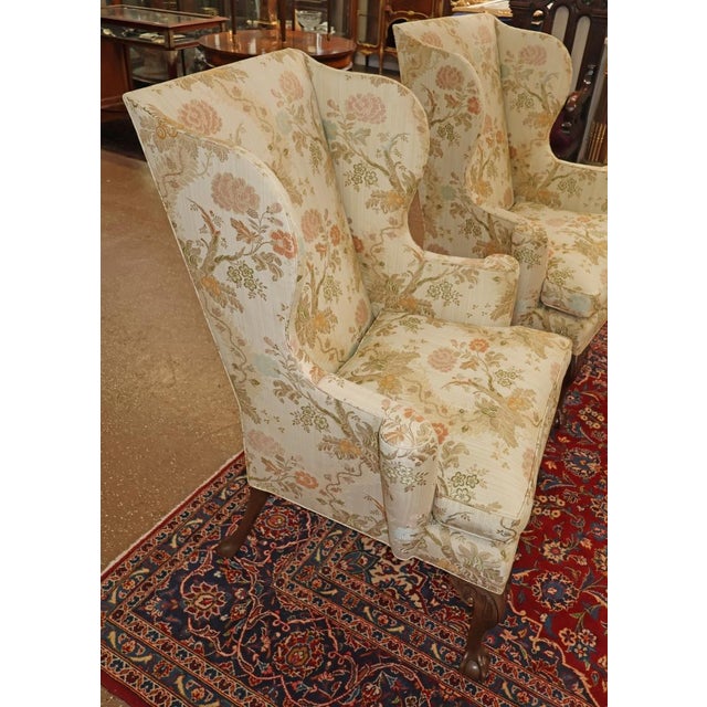 Kittinger 1980s Pair of Kittinger Colonial Williamsburg Scalamandre Fabric Fire Side Wing Chairs For Sale - Image 4 of 15