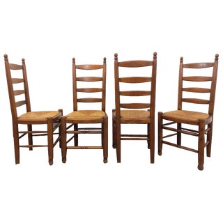 Vintage Brutalist Dining Chairs in Wood and Straw by Charles Dudouyt, 1960s, Set of 4 For Sale
