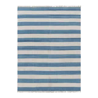 Rug & Kilim’s Contemporary Dhurrie Rug in White and Navy Blue Stripes For Sale