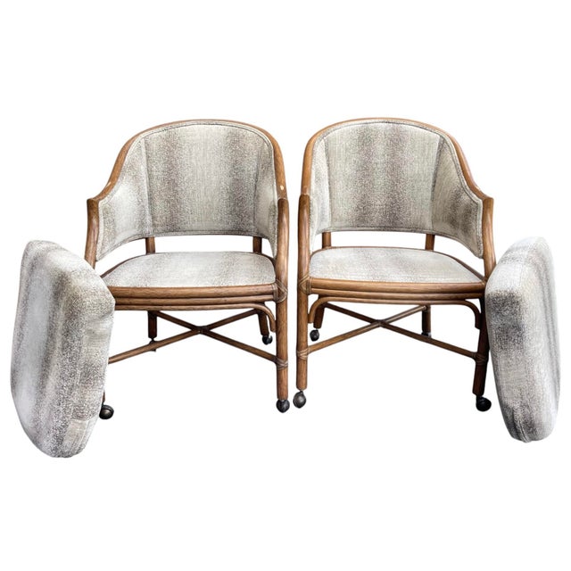 McGuire San Francisco Rattan & Cane Toboggan Dining Armchairs on Casters - Pair For Sale In Naples, FL - Image 6 of 12