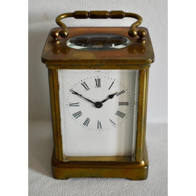 Brass Corniche Carriage Clock Antique French Beveled Glass Mechanical For Sale - Image 4 of 15