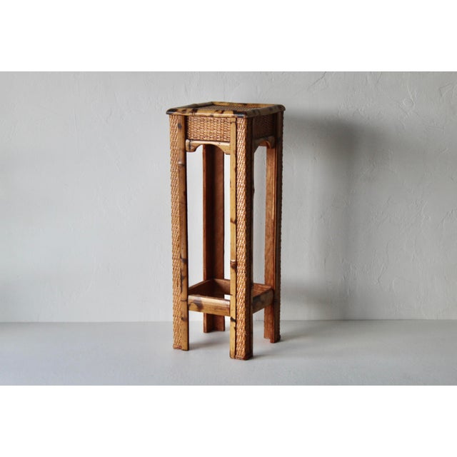 Vintage Scorched "Tortoise Shell" Style Bamboo Wicker Plant Stand Mid-Century For Sale - Image 12 of 13