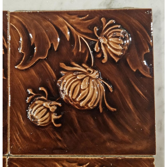 Ceramic 6 Stunning Embossed Chrysanthemum Tiles For Sale - Image 7 of 12