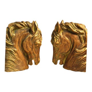 Equestrian Lifestyle Pair Vintage Mid 20th Century Bronze Finish Horse Head Bookends For Sale