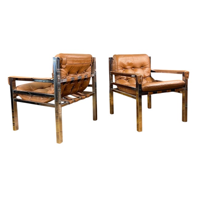 Mid-Century Modern Mid-Century Modern Chrome and Leather Safari Lounge Chairs - A Pair For Sale - Image 3 of 12