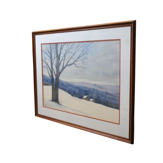 Farmhouse Late 20th Century Mary Ellen Wilson Ohio Winter Farmhouse Landscape Watercolor Painting 34", Framed For Sale - Image 3 of 11