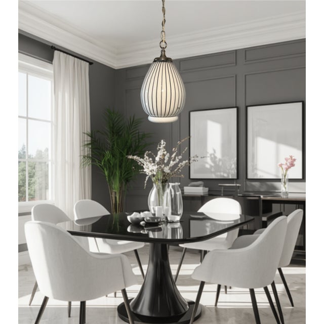 Vintage Murano Striscia Art Glass White Oval Pendant Light With Black Stripes For Sale - Image 11 of 18