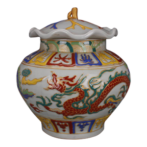 Chinese Vintage Ceramic Pot,Ming Dynasty Xuande Marked Famille Verte Porcelain Lid Jar Hand Carved Cloud and Dragon Pattern