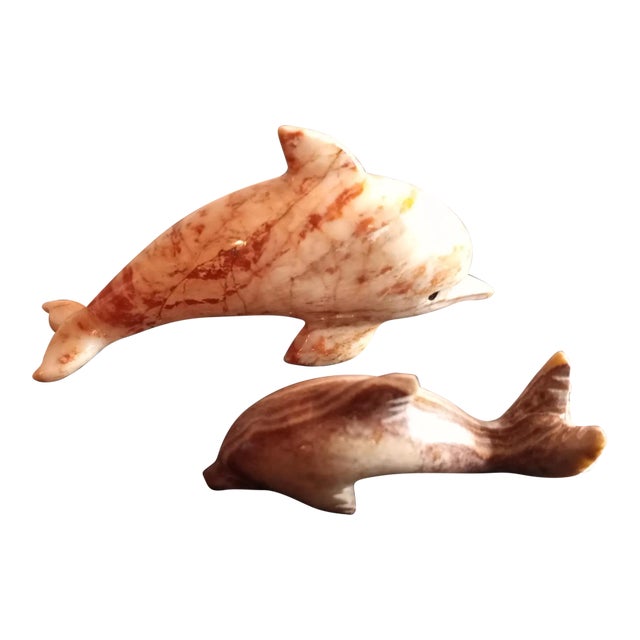 Vintage Handcarved Solid Marble Dolphin Figurines- Set of 2 For Sale