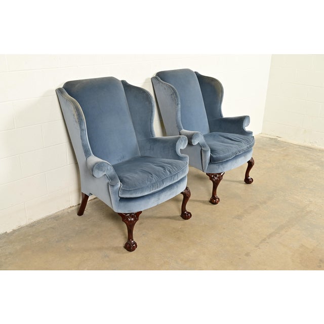 Kindel Furniture Kindel Furniture Chippendale Carved Mahogany Blue Velvet Upholstered Wingback Lounge Chairs, Pair For Sale - Image 4 of 14