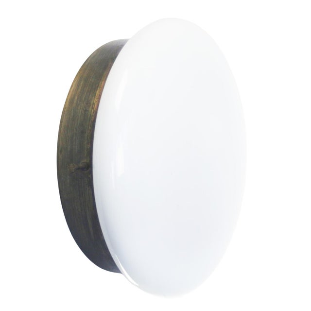 Industrial Vintage White Opaline Glass and Brass Scone Wall Lamp For Sale - Image 3 of 7