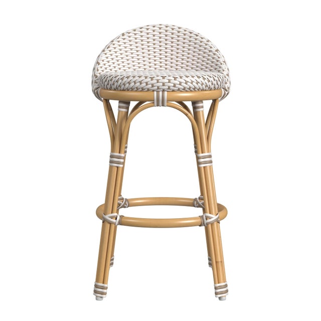 Tobias Outdoor Rattan & Metal Low Back Counter Stool, Beige & White For Sale In Chicago - Image 6 of 6