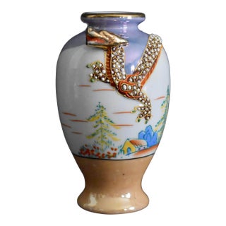 Vintage Japanese Porcelain Vase Dragon Ware Moriage Lusterware Hand Painted 6.5" For Sale