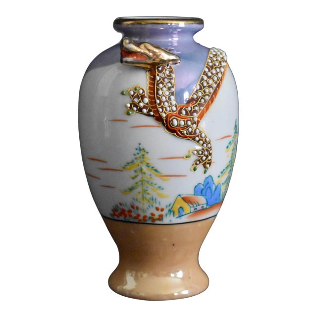 Vintage Japanese Porcelain Vase Dragon Ware Moriage Lusterware Hand Painted 6.5" For Sale