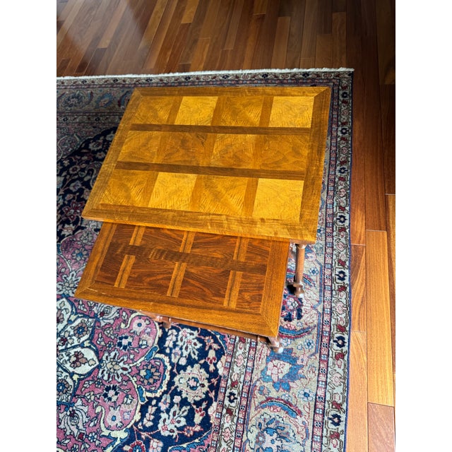 Baker Furniture English Regency Walnut and Burl Wood Parquet Top Nesting Tables, Pair For Sale - Image 12 of 12