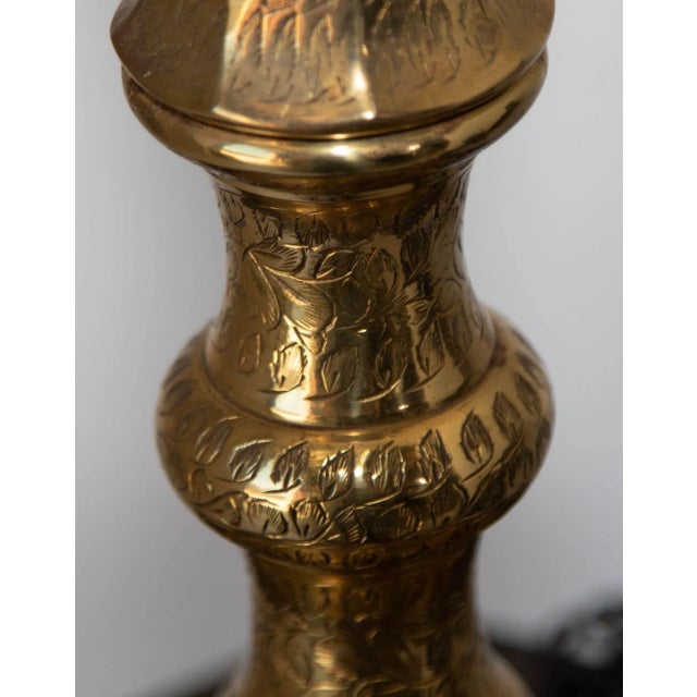 Vintage Anglo-Indian Engraved Brass Candlestick Table Lamp, Circa 1950 For Sale - Image 10 of 18