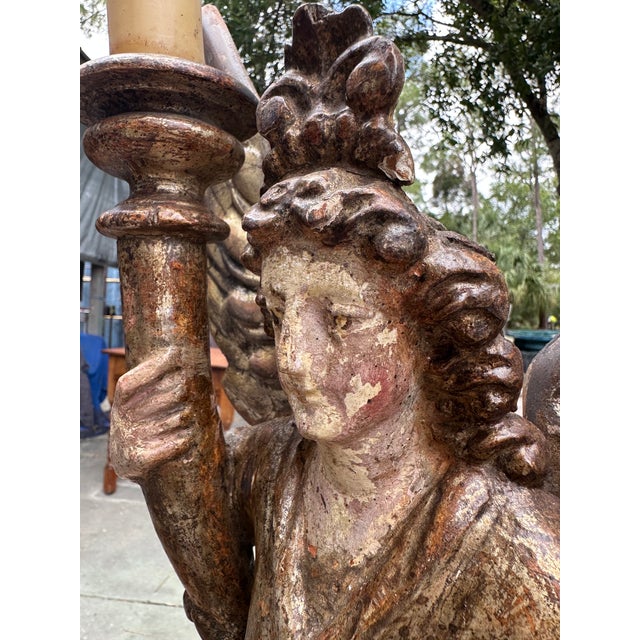 Late 18th Century Pair of 18th Century Italian Carved and Polychrome Angel Candlesticks For Sale - Image 5 of 18