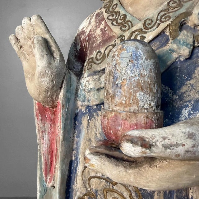 Large Polychrome Wooden Temple Figures on Lotus Bases, Korea, 19th Century, Set of 2 For Sale - Image 12 of 18