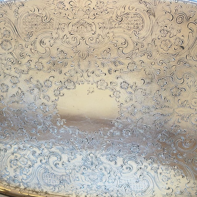 Vintage Silver Plate Large Butler's Buffet Tray With Handles and Feet For Sale - Image 15 of 18
