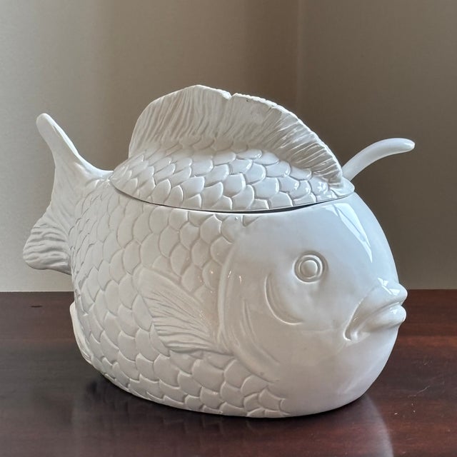 Traditional Vintage Hand Painted Ceramic Fish Tureen & Ladel For Sale - Image 3 of 16
