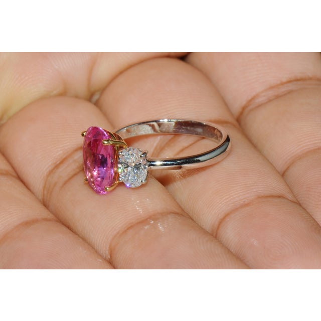 Late 20th Century Gia Certified 3.68Ct Madagascar Pink Sapphire E VVS Diamond Solid 950 Platinum 18k Gold Ring, Size 6.5 For Sale - Image 10 of 15