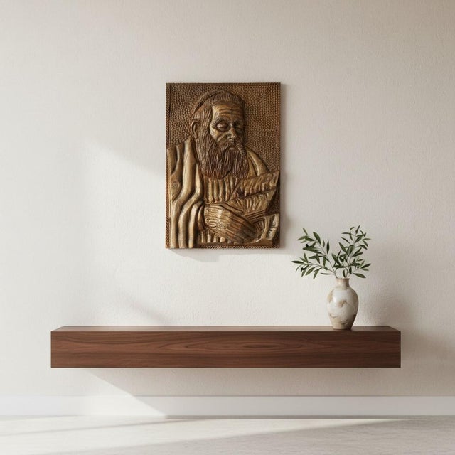 Brown Hand Carved Wood Rabbi Torah Wall Plaque Folk Art-Bas Relief-Judaica-Religious For Sale - Image 8 of 11