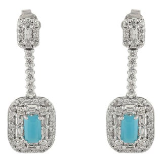 Art Deco Convertible Turquoise & Diamond Halo Drop Earrings in 14k White Gold- 2 Pieces For Sale