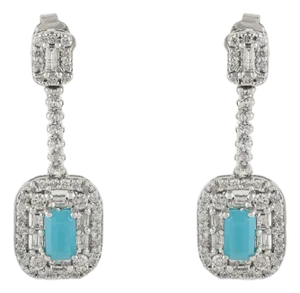 Art Deco Convertible Turquoise & Diamond Halo Drop Earrings in 14k White Gold- 2 Pieces