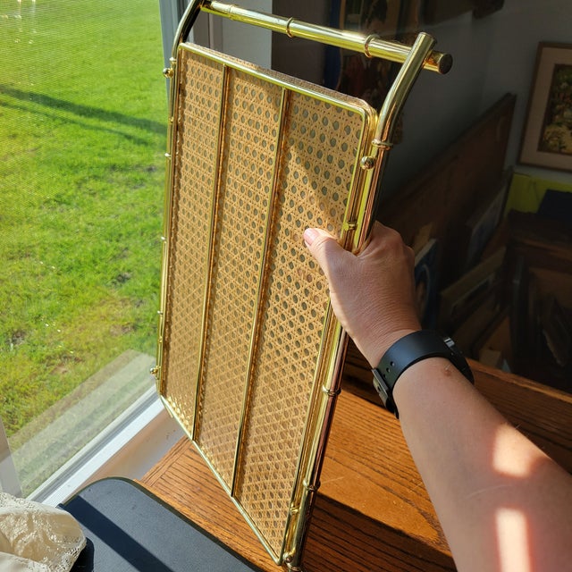 Dior Home Style Brass Gold Finish Metal Faux Bamboo Woven Cane Acrylic Cocktail Serving TrayVintage Mid-Century Modern For Sale - Image 18 of 18