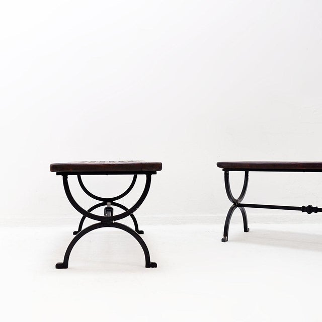 Mid-Century Modern Benches in Openwork Wood with Wrought Iron Legs, Set of 2 For Sale - Image 3 of 13
