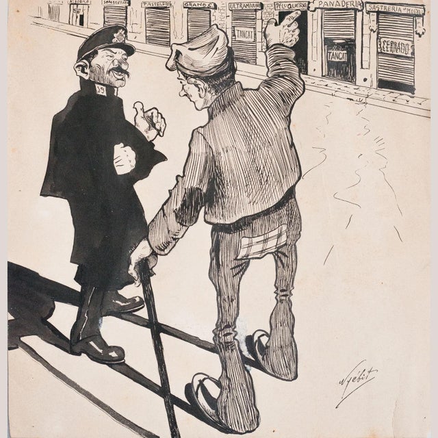 Spanish or Catalan Artist, Satirical Cartoon Studies, 1990s, Ink & Pencil Drawings, Set of 3, in Good conditions. Designed...