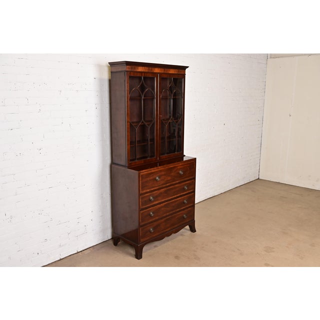 Baker Furniture Company 1980s Baker Furniture Georgian Inlaid Mahogany Breakfront Bookcase Cabinet With Drop Front Secretary Desk For Sale - Image 4 of 13