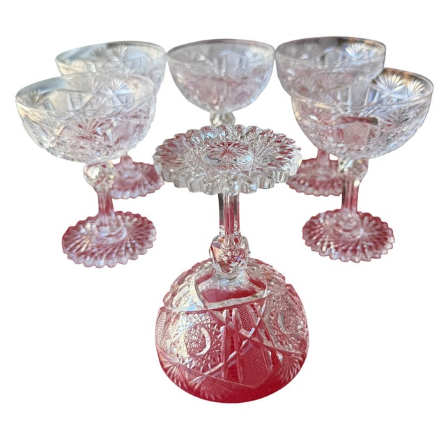 Set of 6 Antique American Brilliant Cut Glass Crystal Champagne Coup Wine Stems For Sale - Image 4 of 7