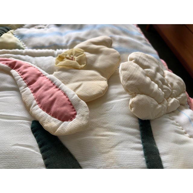 Yellow 1975 One-of-a-Kind Hand Quilted Floral Rabbit Art Quilt Wall Hanging For Sale - Image 8 of 10
