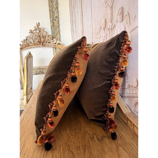 Pair of Custom Velvet Pillows With 19th Century French Appliqué Panels For Sale In Los Angeles - Image 6 of 11